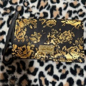 Betsey Johnson Black and Gold Floral Wristlet